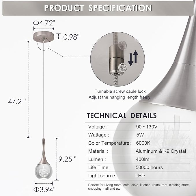 Nickel Teardrop Pedant Light Modern Dimmable 1-Light LED Crystal Globe Pendant Lighting Fixture for Kitchen Island Dining Room Bathroom Hallway 6000K Cool White