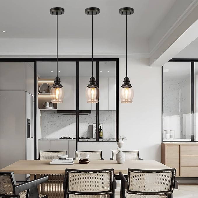 WILON Pendant Lights for Kitchen Island, Seeded Glass Mini Pendant Light Fixtures Farmhouse Pendant Lighting Metal Black Pendant Light Over Kitchen Island Sink Dining Table