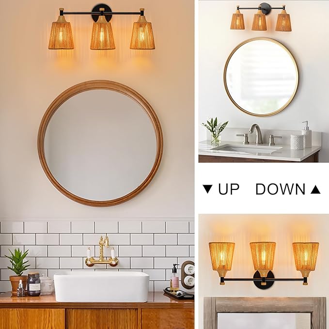 Bathroom Light Fixtures, Boho 3 Light Bathroom Vanity Light Over Mirror with Rattan Woven Wicker Lampshade Rustic Wall Sconce Lighting for Bedroom Kitchen Hallway