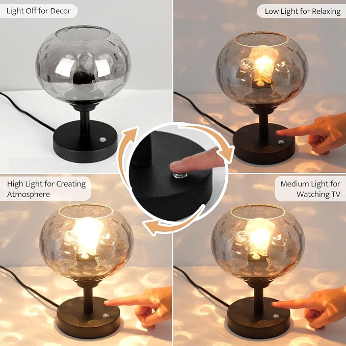 Touch Control Hammered Glass Table Lamp Matte Black Portable Dimmable Brightness Small Nightstand Light 3-Way Stepless Dimming Bedside Bedroom Living Room