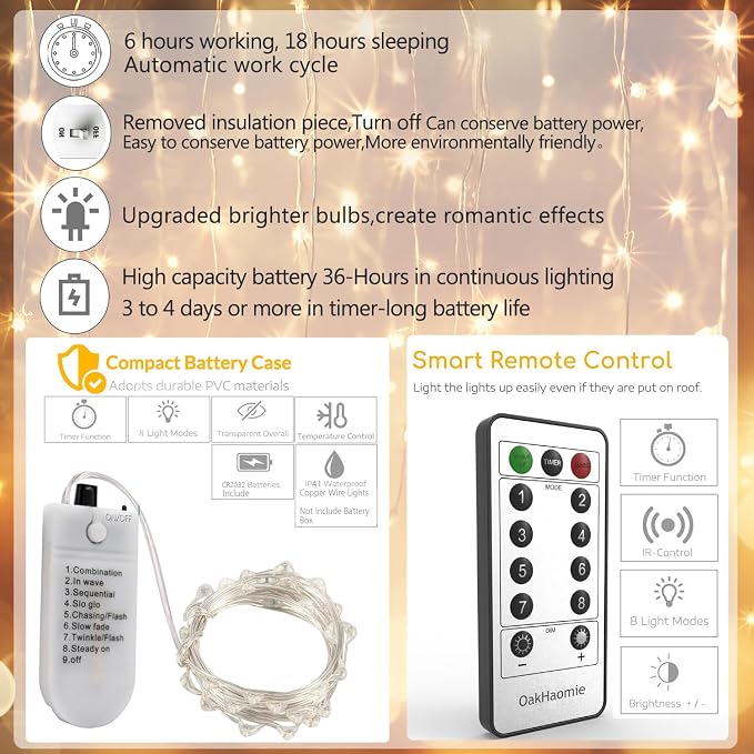 6 Pack Fairy Lights Battery Operated with Timer 2PCS Remote - 6.5ft 20LED Warm White Twinkle Lights Waterproof Silver Wire Fireflies Lights DIY Mason Jar Wedding Party Christmas Centerpiece Table Deco