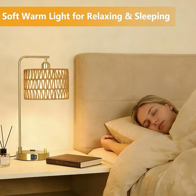 Boho Table Lamps With USB Charging Ports And Outlet, Dimmable Rattan Lamp Set Of 2 With Bulbs, Wicker Bedside Lamps For Bedroom Living Room Side Table, Gold Tall Desk Lamp For Bohemian Home Office