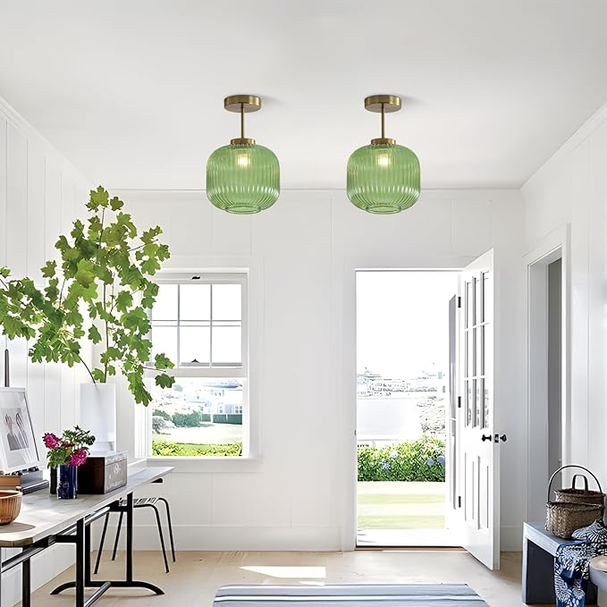 KCO Lighting Vintage Green Glass Semi Flush Mount Ceiling Light Brushed Gold Flush Mount Ceiling Light Fixtures Mid Century Antique Brass Globe Kitchen Ceiling Lighting