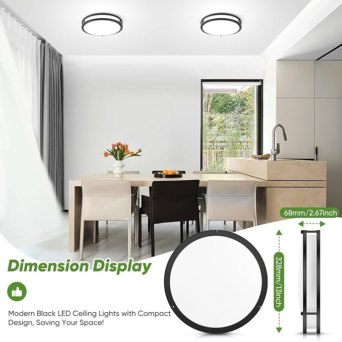 TOBUSA 36W LED Flush Mount Ceiling Light Fixture, 13inch LED Ceiling Light 3600LM, Modern Black Ceiling Light 2700K/3000K/4000K/5000K/6500K 5CCT, Dimmable Ceiling Lamp for Living Room Kitchen,1 Pack
