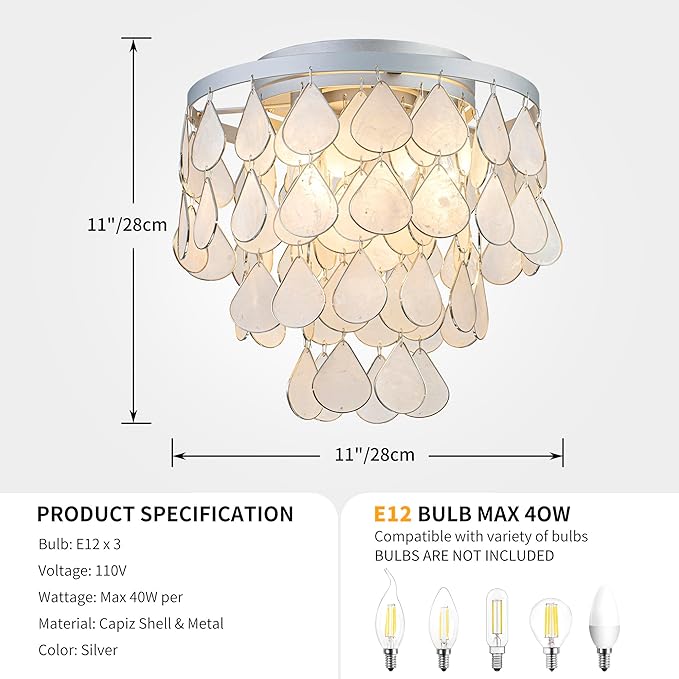 3-Light Teardrop Capiz Shell Ceiling Light, Coastal Design Flushmount Close to Ceiling Light for Kitchen, Dining Room & Bedroom, D11 * H11 inch, Silver Finish