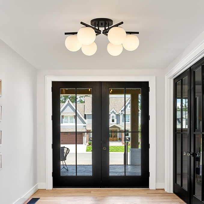 6-Light Sputnik Ceiling Light Fixture, Semi Flush Mount Ceiling Light with Milk Glass Globes, Black Mid Century Modern Chandelier for Living Room Bedroom Dining Room Hallway