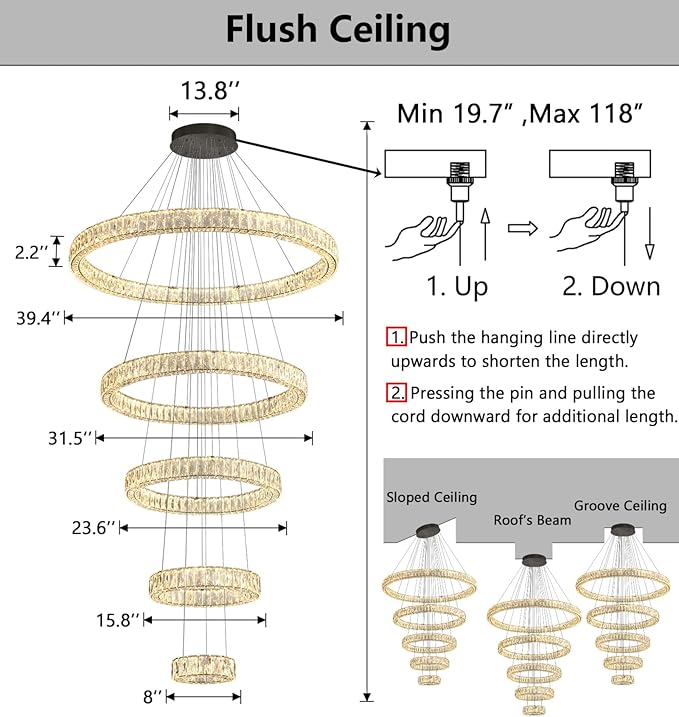 HAIXIANG 5-Rings Modern Chandelier with LED Dimmable Lights Crystal High Ceiling Chandeliers Lighting for Living Room Foyer Entryway Luxury Indoor Light Black Fixtures
