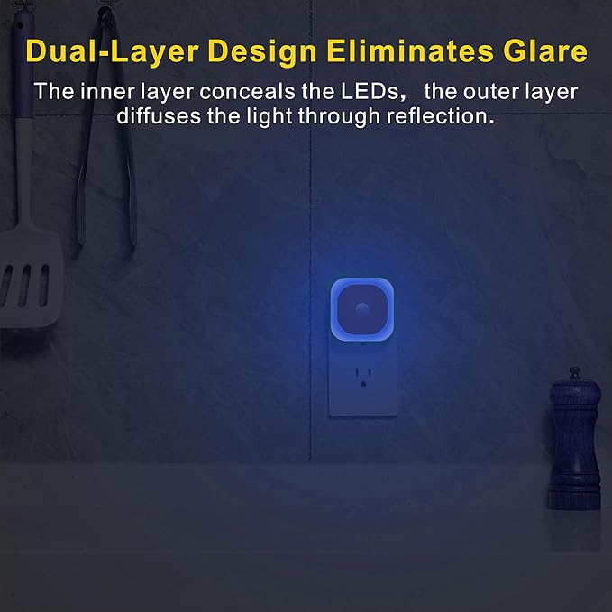 YUNLEX 2 Pack Plug in Night Light with Motion Sensor & Dusk to Dawn Sensor, 3 Sensor Modes, Auto ON/Off, Dimmable, Night Lights Plug into Wall for Bathroom, Kitchen, as Mother Gifts, Light Blue
