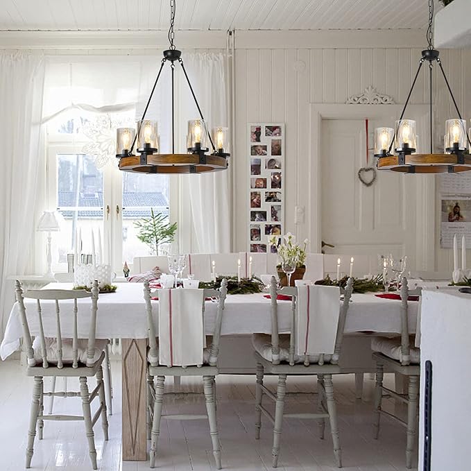 Wooden Four Wheel Chandelier Farmhouse Chandelier Round Vintage Candle Glass Dining Room Light 22 Inch Wide Modern Rustic Living Room Chandelier