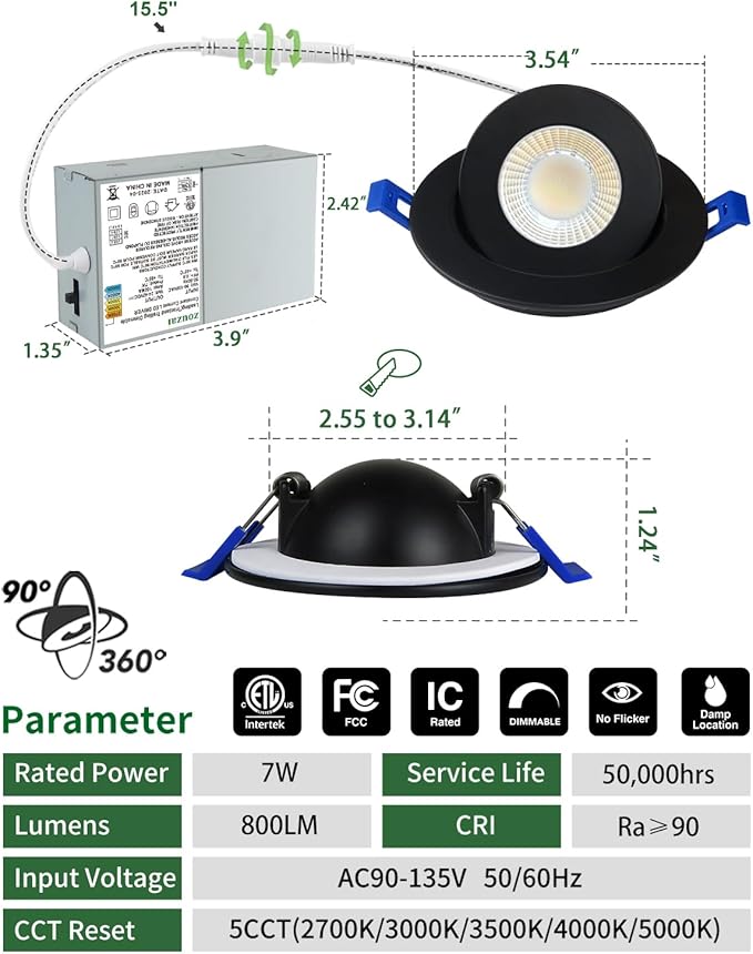 zouzai 3 Inch 5CCT Gimbal Black Led Recessed Lighting with Junction Box, 2700K/3000K/3500K/4000K/5000K, 7W Eqv 80W, 360°+90° Adjustable Led Recessed Lights, 798LM Brightness - ETL (Black, 6 Pack)