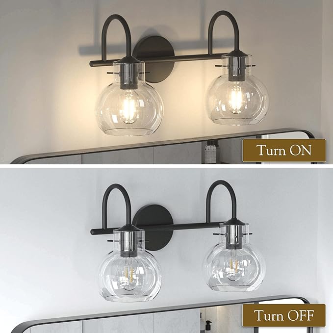 Bathroom Vanity Light Fixtures, Modern 2 Lights Vanity Lighting Fixture Matte Black, Farmhouse Metal Wall Lamp with Globe Glass Shade, Porch Wall Mount Light Fixture for Mirror Cabinets