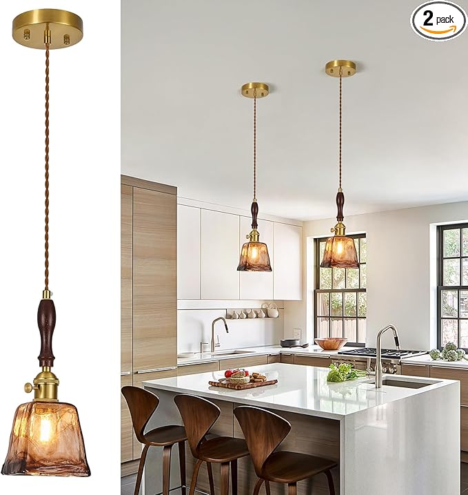 Amber Glass Vintage Pendant Light Height Adjustable Handmade Glass Pendant Lights Kitchen Island Gold Hanging Light Fixture with Wood Handle for Bedroom Dining Room Hotel (2Pack)