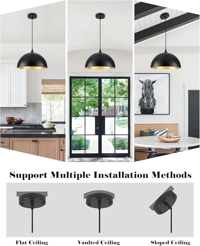 14 Inch Black Dome Pendant Lights, Large Pendant Light Kitchen Island 1 Pack, Black and Gold Island Pendant Light, Kitchen Pendant Lights for Dining Room, Living Room