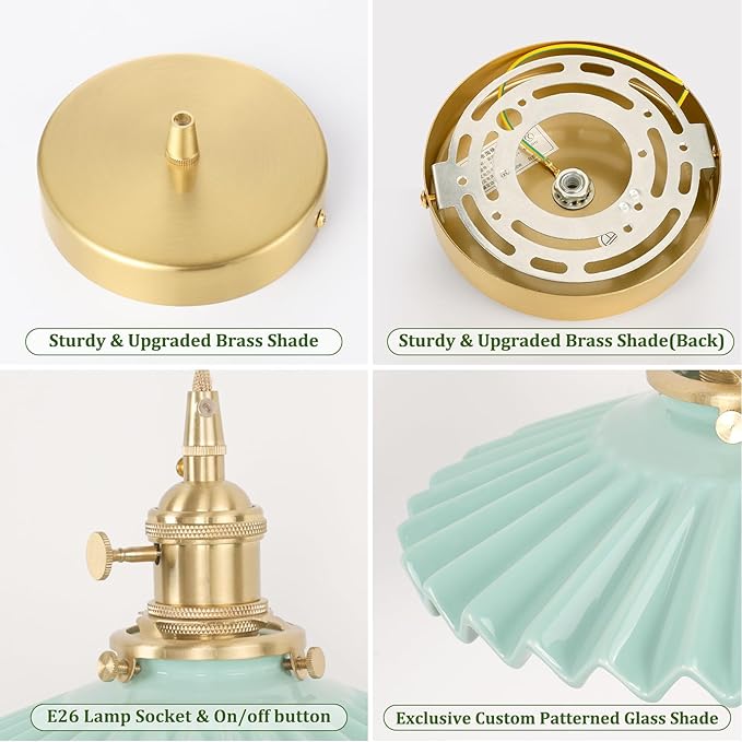 Shenmoyl Pendant Light with Green Pleated Ceramic Lmapshade, Brass Vintage Pendant Light Adjustable Hanging Light for Kitchen Island Dining Room Hallway