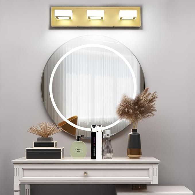 Ralbay Gold Bathroom Vanity Lights 3 Lights LED Modern Gold Vanity Lights Over Mirror Fixture Acrylic Gold Vanity Wall Light (White Light 6000K)
