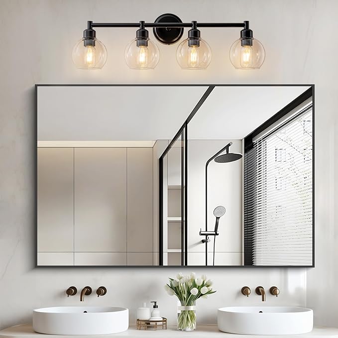 Bathroom Light Fixtures,4-Light Modern Bathroom Vanity Light,Black Wall Sconce with Clear Glass Globe Shades,Adjustable Brightness Wall Lights for Kitchen,Bedroom,Hallway,Living Room