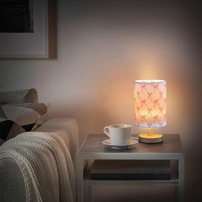 Aslsiy Coquette Ribbon on White Bedside Table Lamp Lovely Bow Nightstand Lamp Night Light Fabric Shade for Bedroom Living Room Home Office