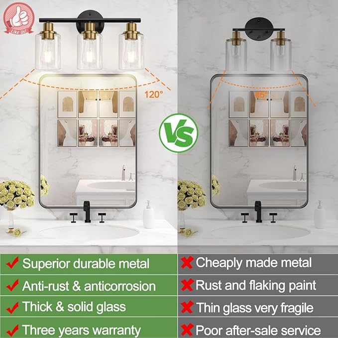 Zarbitta 3-Light Bathroom Light Fixtures, Black and Gold Bathroom Wall Lights, Modern Vanity Light with Clear Glass Shade, Bathroom Wall Lamp for Mirror Kitchen Bedroom Hallway Cabinet