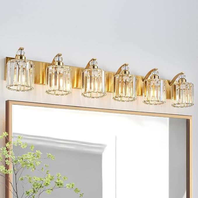 6-Lights Brushed Brass Bathroom Light Fixture Gold Vanity Lights Modern Crystal Bathroom Vanity Lighting Over Mirror Wall Sconce with K9 Crystal Shade E26 Base for Living Room, Bedroom Wall Lamp