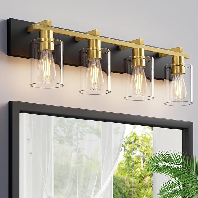Espird Bathroom Vanity Light,4 Light Matte Black and Gold Light Fixture with Thickened Clear Glass Shade, 30 inch Modern Wall Sconce, Bathrooms Vanity Light Over Mirror for Bathroom