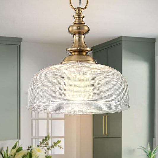 EDSILIVE Vintage Glass Pendant Lights Kitchen Island 10" Bowl Clear Glid Glass Hanging Ceiling Light Fixture with Brass Gold Finish for Dining Room Kitchen Table