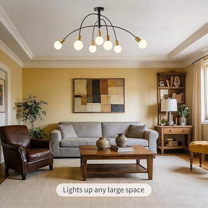 Modern Mid Century Large Kitchen Island Chandelier,Bright Long 7 Light Gold and Black Sputnik Semi Flush Mount Ceiling Light Fixture for Dining Room Living Room Bedroom