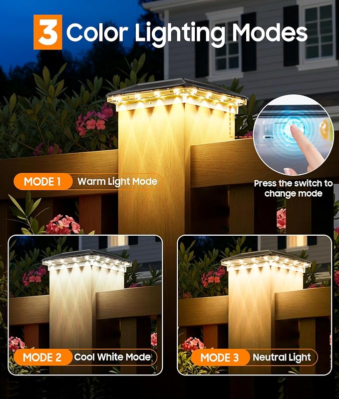 12 Pack 4x4 Solar Post Cap Lights Outdoor, 3 Modes 16 LED Fence Post Solar Lights, Focused Lens Deck Fence Post Lights Solar Powered Waterproof Fits 4x4 3.5x3.5 Vinyl Wooden Posts for Deck Porch