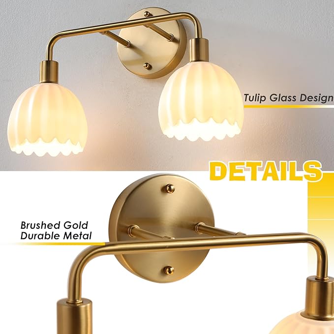 Brushed Gold 3-Light Vanlity Light Over Mirror,Wall Sconces,Gold Brass Bathroom Light Fixture with White Glass Flower Shade,E26 Socket(Bulbs Not Included)