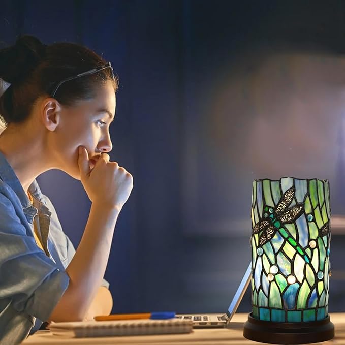 Tiffany Style Table Lamp for Bedroom Baroque Stained Glass Nightstand Bedside Night Lamp Party Light Hand-Made Art Home Deco Christmas Gifts W/ 2 LED Bulbs (3 Color Temperatures+Flame Bulb)