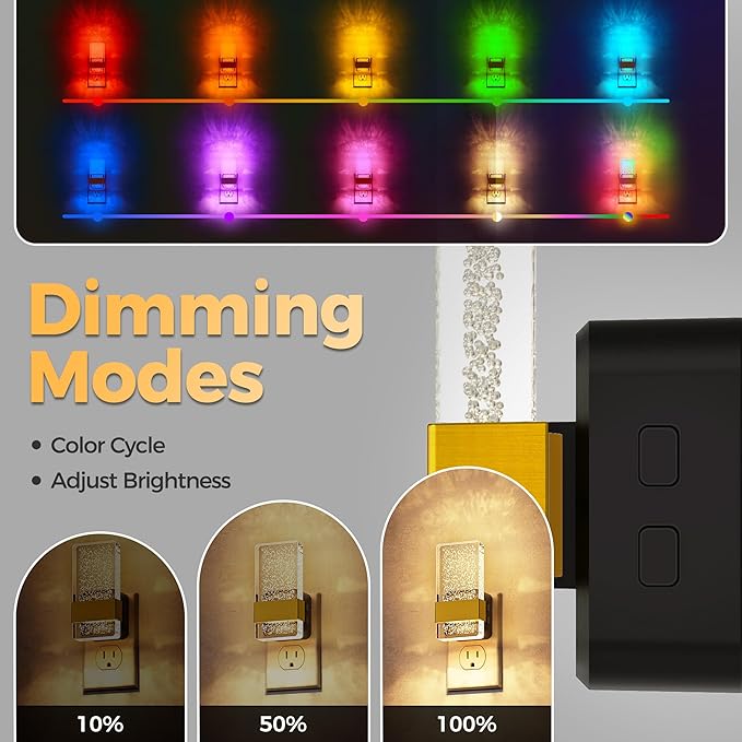 DORESshop LED Night Lights Plug into Wall, [2 Pack] 3 Level Dimmable Night Light, Rotatable Bubble Decorative Nightlight, Dusk to Dawn Sensor, Wall Sconce-Style Design Nightlights for Bathroom, RGB
