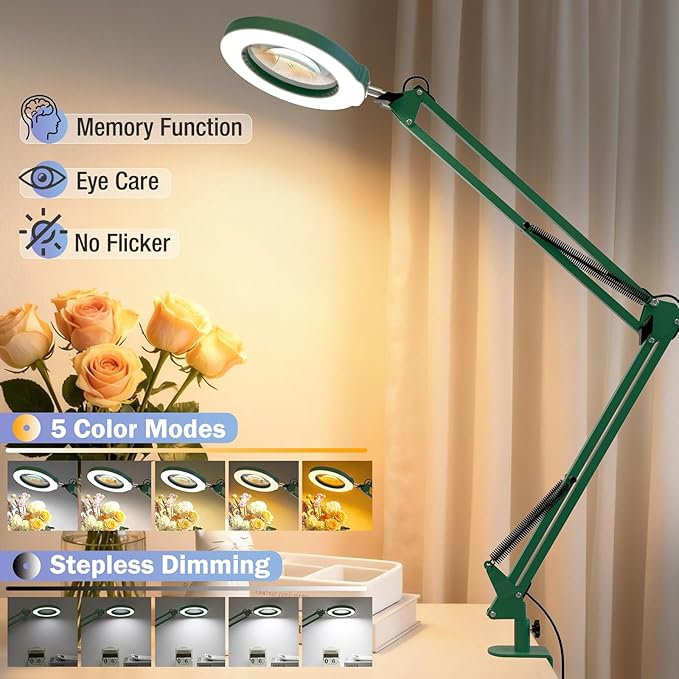 10X Magnifying Glass with Light and Clamp, Real Glass Stand Lighted Magnifier, 2*16 Arm 5 Color Modes Stepless Dimmable LED Desk Lamp Hands Free for Craft Hobby Reading Painting Close Work Large Green