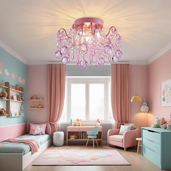 Rain Drop Crystal Small Crystal Chandelier Ceiling Light 3-Light Fixture Modern Chrome Iron Material Suitable for Bedrooms, Hallways, Walk-in Closets, Entryways, Stairwells (Pink)