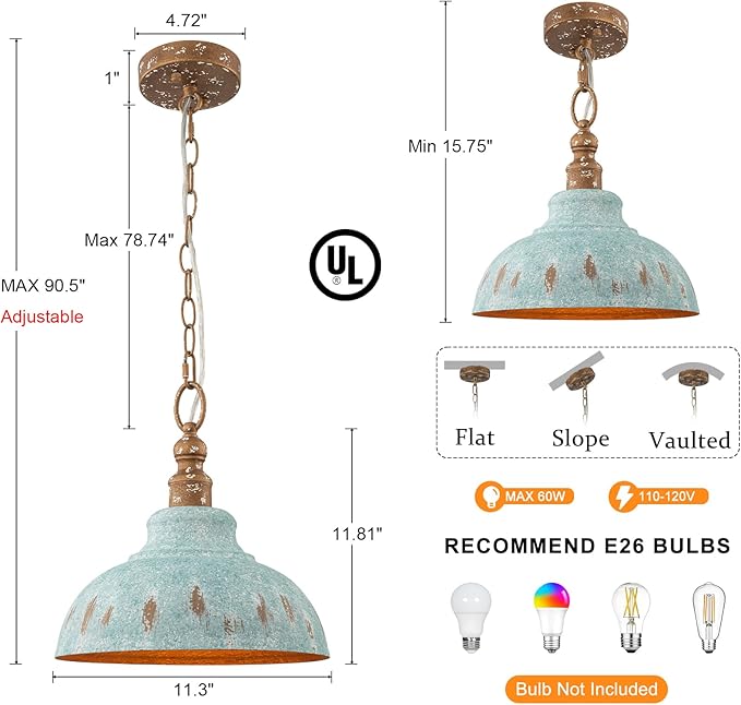 Kitchen Island Pendant Light, 11.3” Golden Pendant Lighting, Teal Farmhouse Pendant Light Fixture for Dining Room, Bar, Hallway, Foyer, Entryway, Bedroom, Adjustable Chain