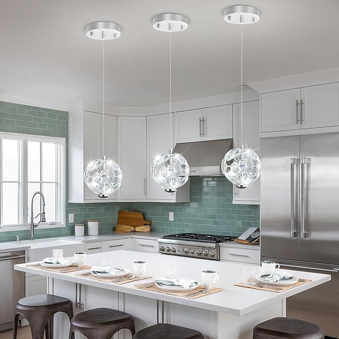 ykolupty Pendant Lights Kitchen Island Crystal Globe Chandelier LED Silver Island Light Crystal Pendant Light for Dining Foyer Entrance