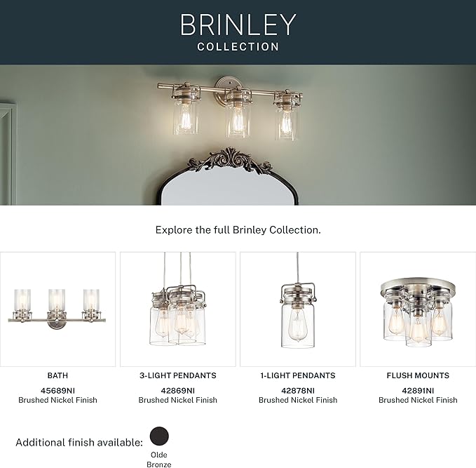 Kichler Brinley 24" Vanity Light in Brushed Nickel, 3-Light Farmhouse Bathroom Vanity Light with Clear Glass, (24" W x 10" H), 45689NI