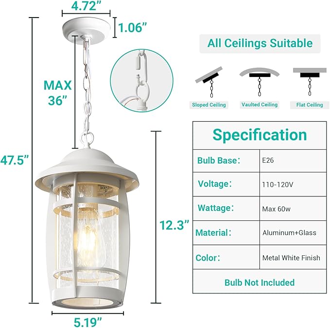 LOUSACE 1-Light Outdoor Pendant Lights for Porch, Exterior Hanging Porch Light Fixture Ceiling Mount Outdoor Chandelier, Waterproof White Aluminum Finish with Seeded Glass, for Gazebo Patio Entrance