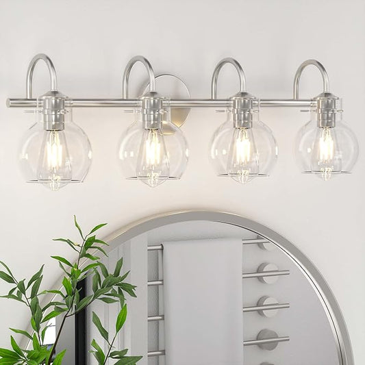 4-Light Bathroom Light Fixtures, Brushed Nickel Vanity Light, Farmhouse Wall Lights with Clear Glass Shade, Bathroom Wall Lamp for Mirror Kitchen Bedroom Hallway Living Room Hallway Cabinet