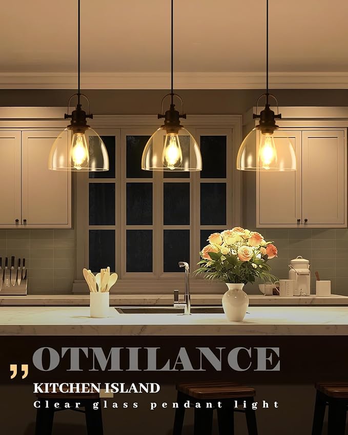 Kitchen Pendant Lights Over Island, 7.5 inch Farmhouse Glass Pendant Light, Industrial Black Pendant Lights Kitchen Island 1-Pack, Hanging Kitchen Pendant Light for Dining Room,Bar, Cafe