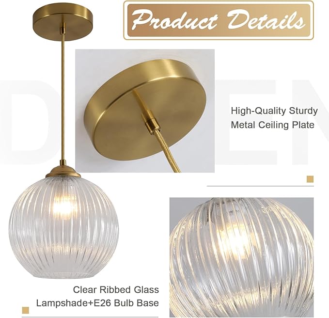 Modern 1 Light Clear Glass Pendant Lights Kitchen Island Large Brushed Gold Pendant Light Vintage Adjustable Height Hanging Globe Ceiling Light Fixture for Dining Room Bedroom Hallway MPL30-B