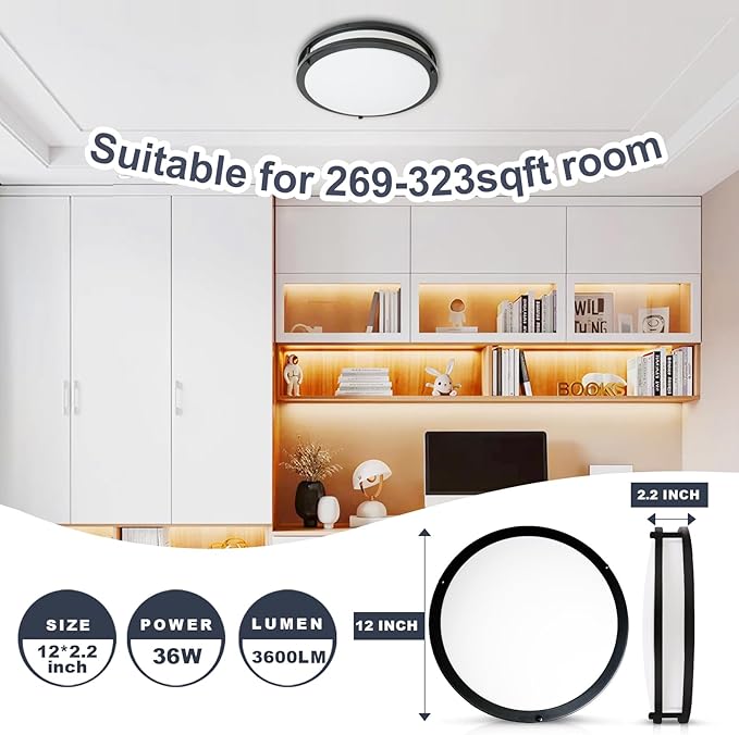 OOWOLF 36W Flush Mount Ceiling Light Fixture, Dimmable & 5CCT Ceiling Light, 3000K 3500K 4000K 5000K 6000K Warm White/Daylight/Cold White Adjustable Ceiling Lamps Black, 12Inch