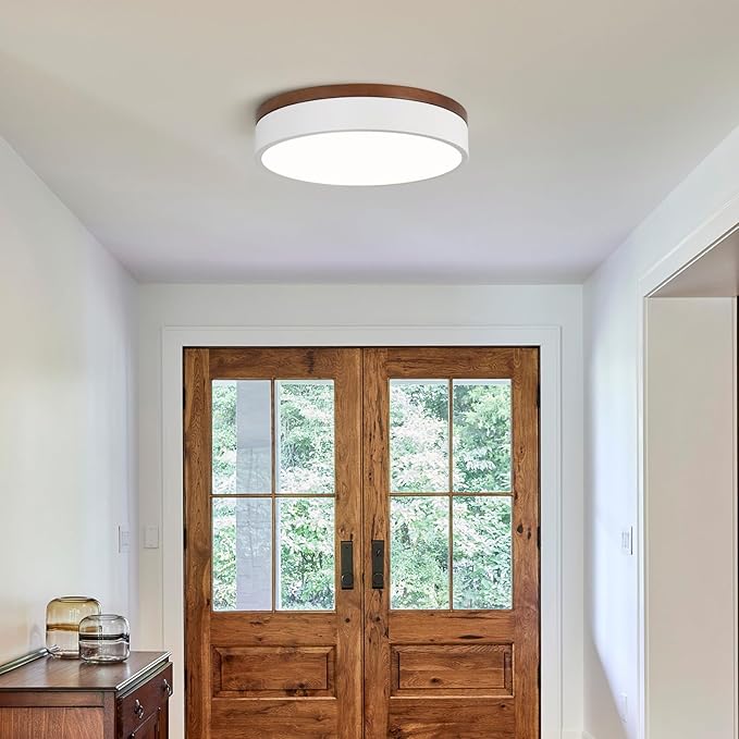 Led Flush Mount Ceiling Light: 11.8" Modern Dimmable White Walnut Wood Low Profile Close to Ceiling Light Fixture - 5CCT Round Minimalist Flat Overhead Lighting for Bedroom Laundry Hallway Living Room