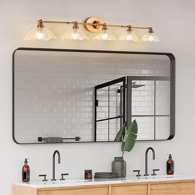 58.65-inch Bathroom Vanity Light, 5-Light Brass Vanity Light, European Classic Luxury Bathroom Mirror Light, E12 Sockets