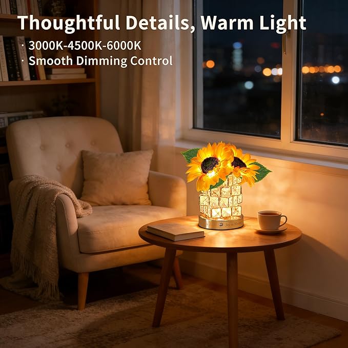 Sweet Mother’s Day Gifts Sunflower Crystal Cube Lamp,3 Color Dimmable Small Night Light, Rechargeable Cordless Touch Flower Table Lamp for Festival Restaurant Bedroom Bar Cafe Home Decor
