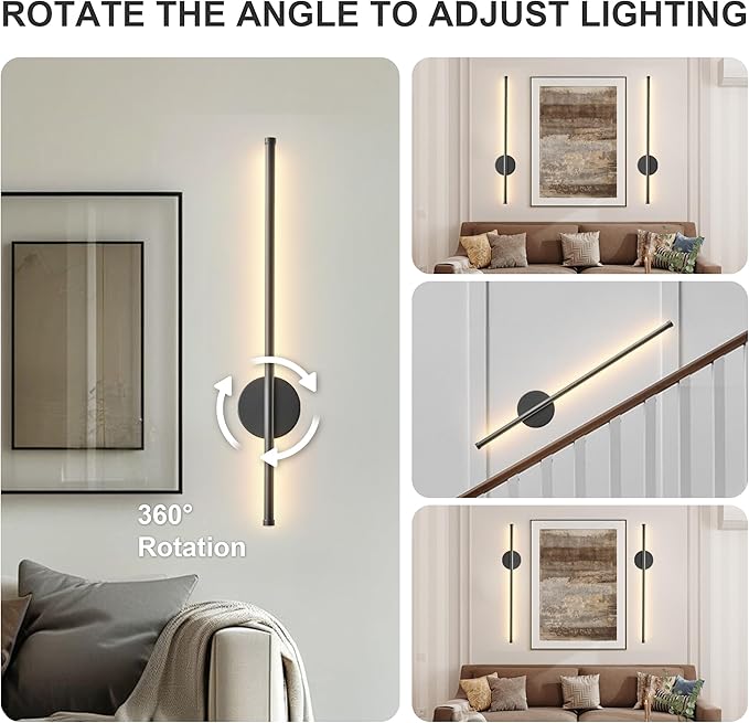Battery Operated Modern Wall Sconces Set of Two,Rechargeable Wireless Wall Lights with Remote Control,Dimmable,3CCT,Timer,360°Rotation,Cordless Lighting for Bedroom,Living Room,Hallway,Black,23.6 Inch