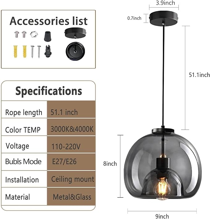 9.1in Large Smoke Glass Pendant Light for Kitchen Island, 3-Pack with Extra LED Bulbs & 4.92ft Adjustable Cord | Modern Minimalist Lighting for Dining Room, Living Room, Entryway