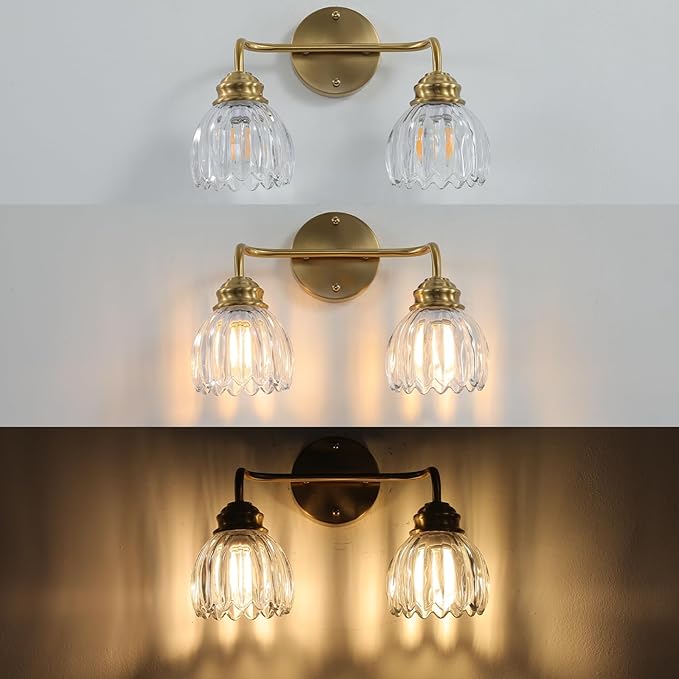 2 Light Vintage Bathroom Light Fixtures, Gold Bathroom Vanity Light, Brass Finish with Clear Tulip Glass Shade, Wall Lighting for Bedroom, Living Room, Hallway,E26 Base