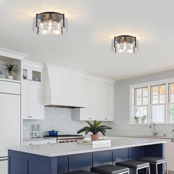 17.3“ Semi Flush Mount Ceiling Light Fixture, Black 4-Light Modern Water Ripple Chandelier Glass Light Fixture for Entryway Hallway Kitchen Island Dining Room Foyer Bedroom Laundry Hallway