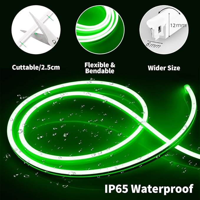 iNextStation Green LED Strip Lights 16.4FT/5M, 12V Flexible Silicone Neon Rope Lights, IP65 Waterproof, Cuttable Strip Light for 0.98Inch, Rope Led Lights for Bedroom, Indoor, Outdoor (No Adapter)