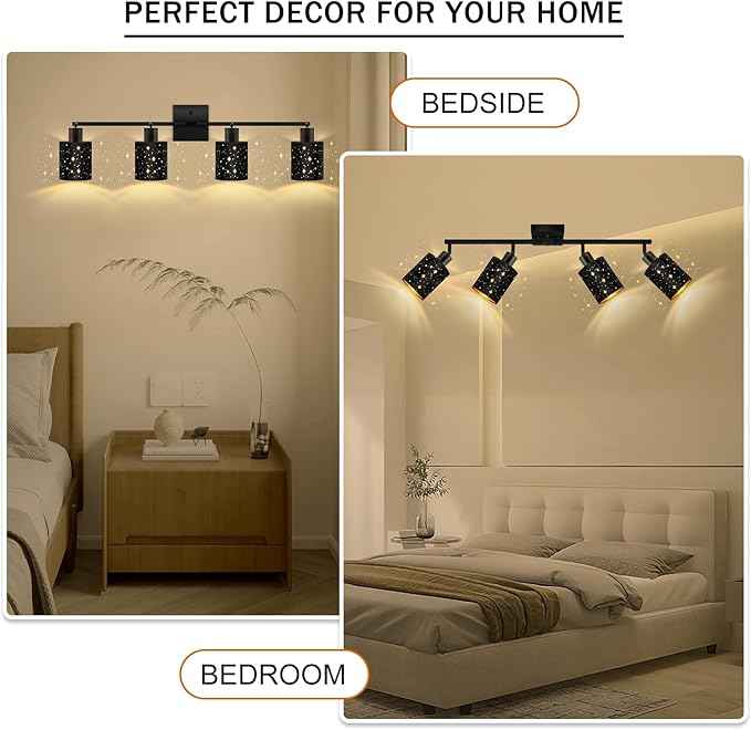 4 Light Track Lighting Kit, Black 4 Way Modern Flexible Ceiling Spotlight, Industrial LED Wall Light for Kitchen Cabinet Gallery Bar Hallway Living Room, Black Stars Design Contemporary, E26 Socket