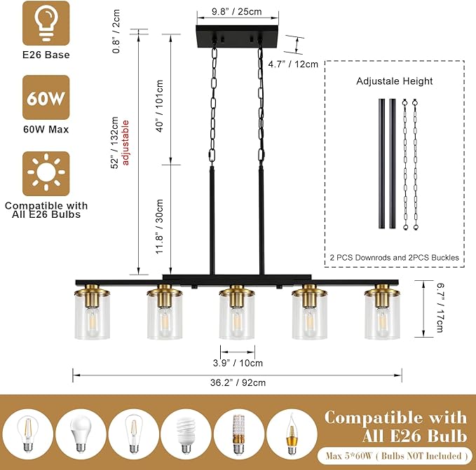 36.2inch 5-Light Kitchen Island Lighting,Dining Room Lights Modern Farmhouse Chandelier with Clear Glass Shade,Modern Rustic Black and Gold Metal Chandelier, Kitchen Pendant Light Fixtures